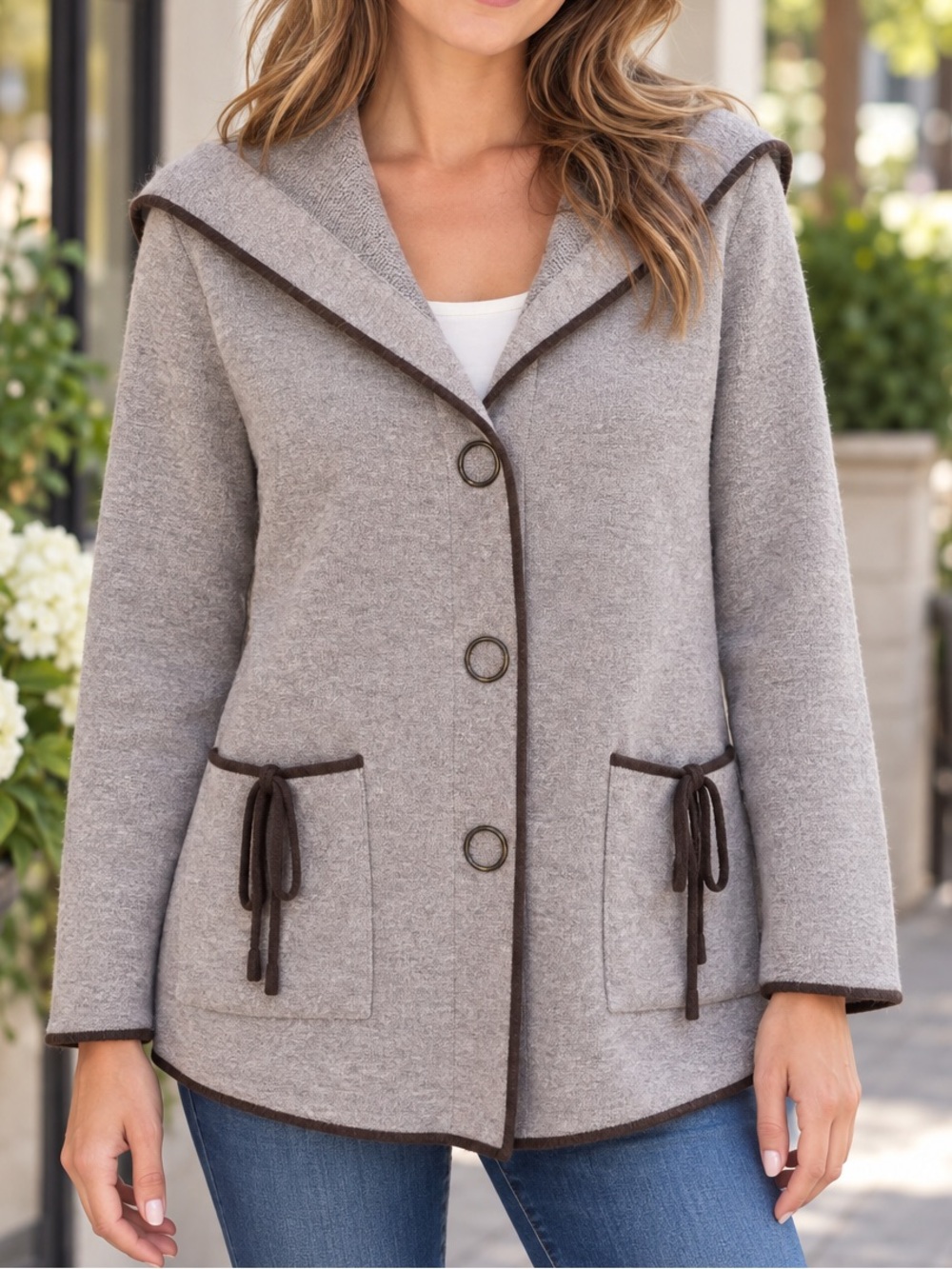 Frilli Exchange Hooded Knit Cardigan Jacket M Grey Brown Lace Up Cottagecore